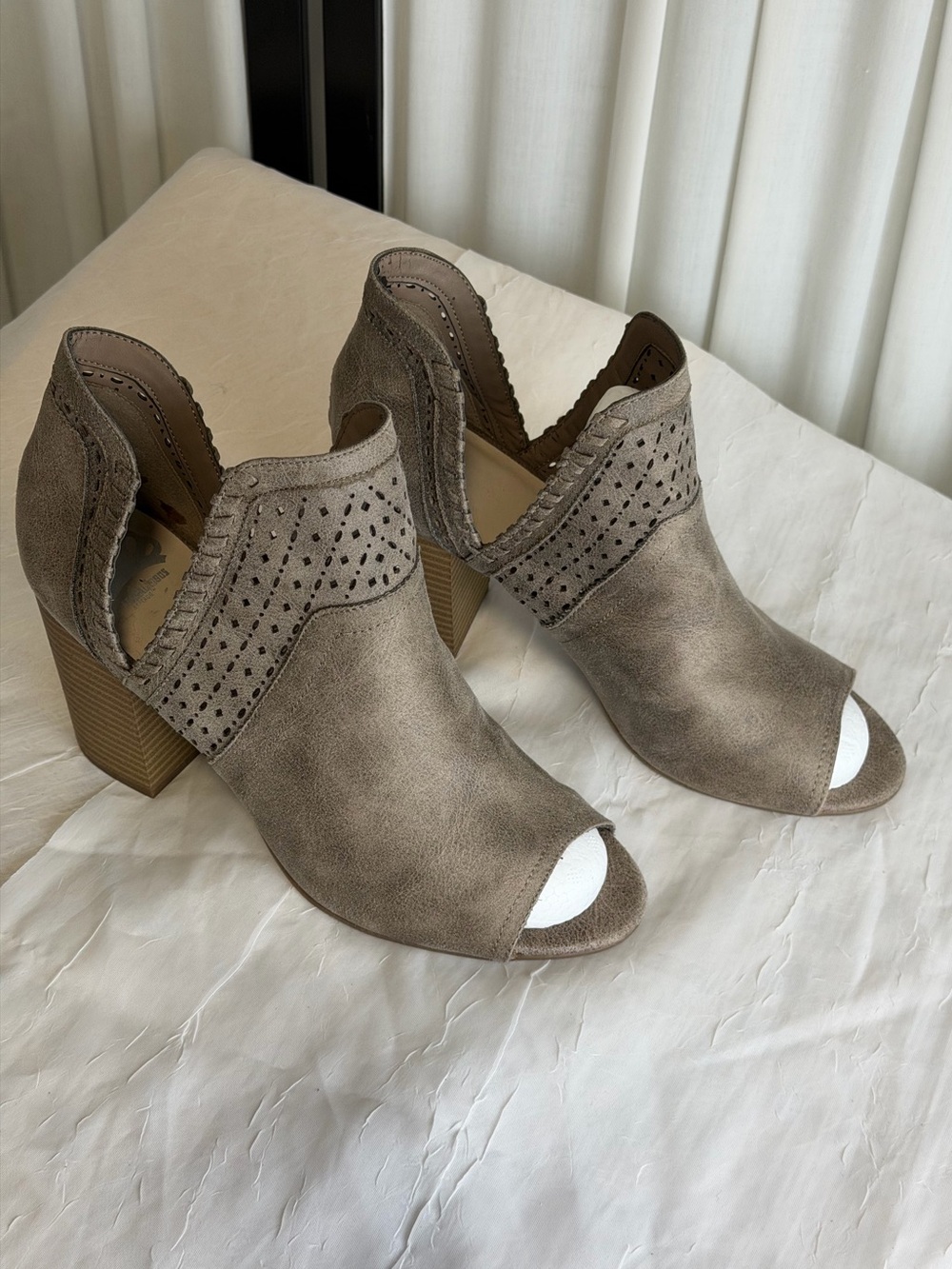 Fergalicious Taupe Peep-Toe Cutout Block Heel Mules